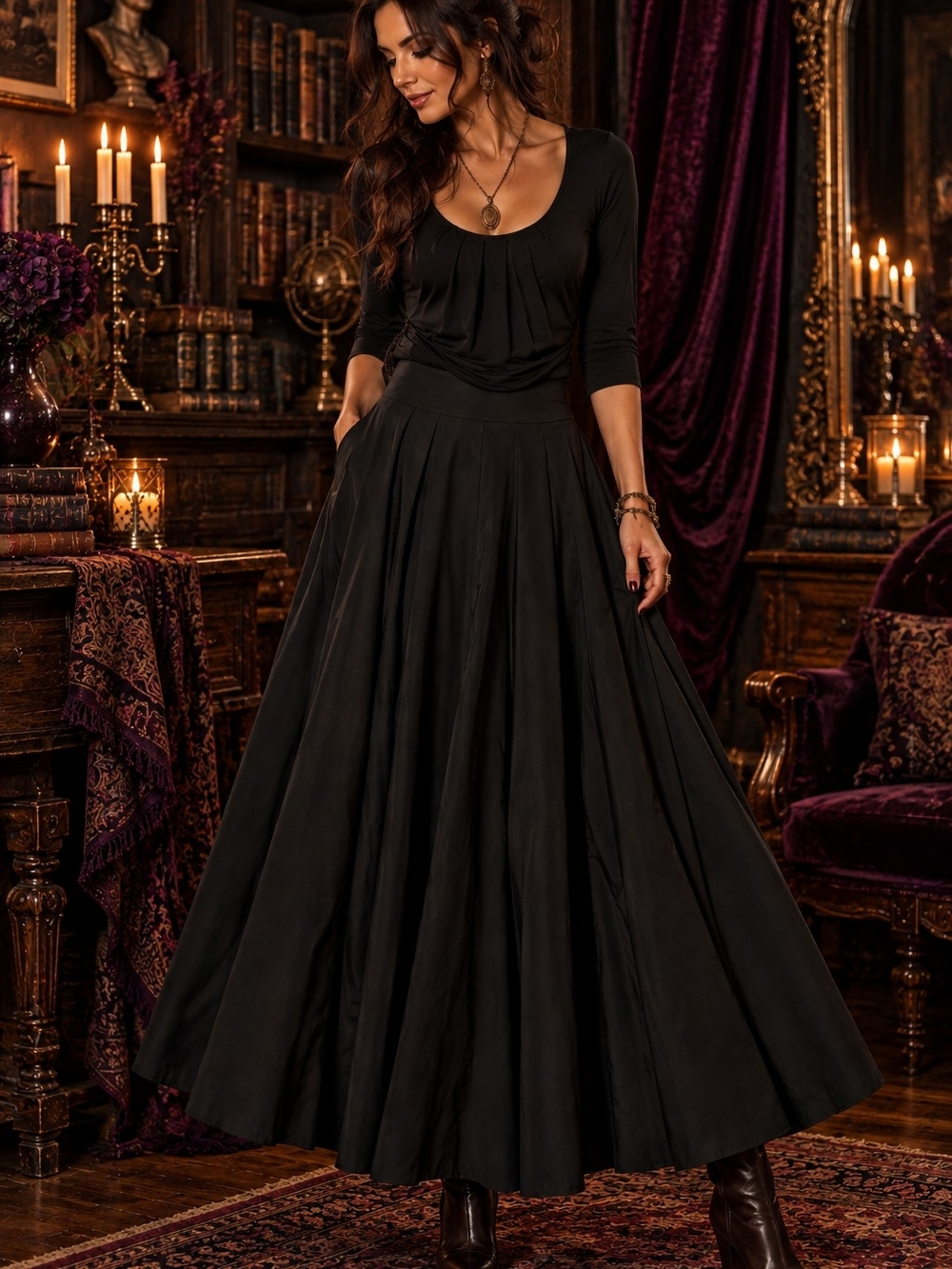 Black Maxi Skirt Pockets A Line Dark Academia Romantic NWOT